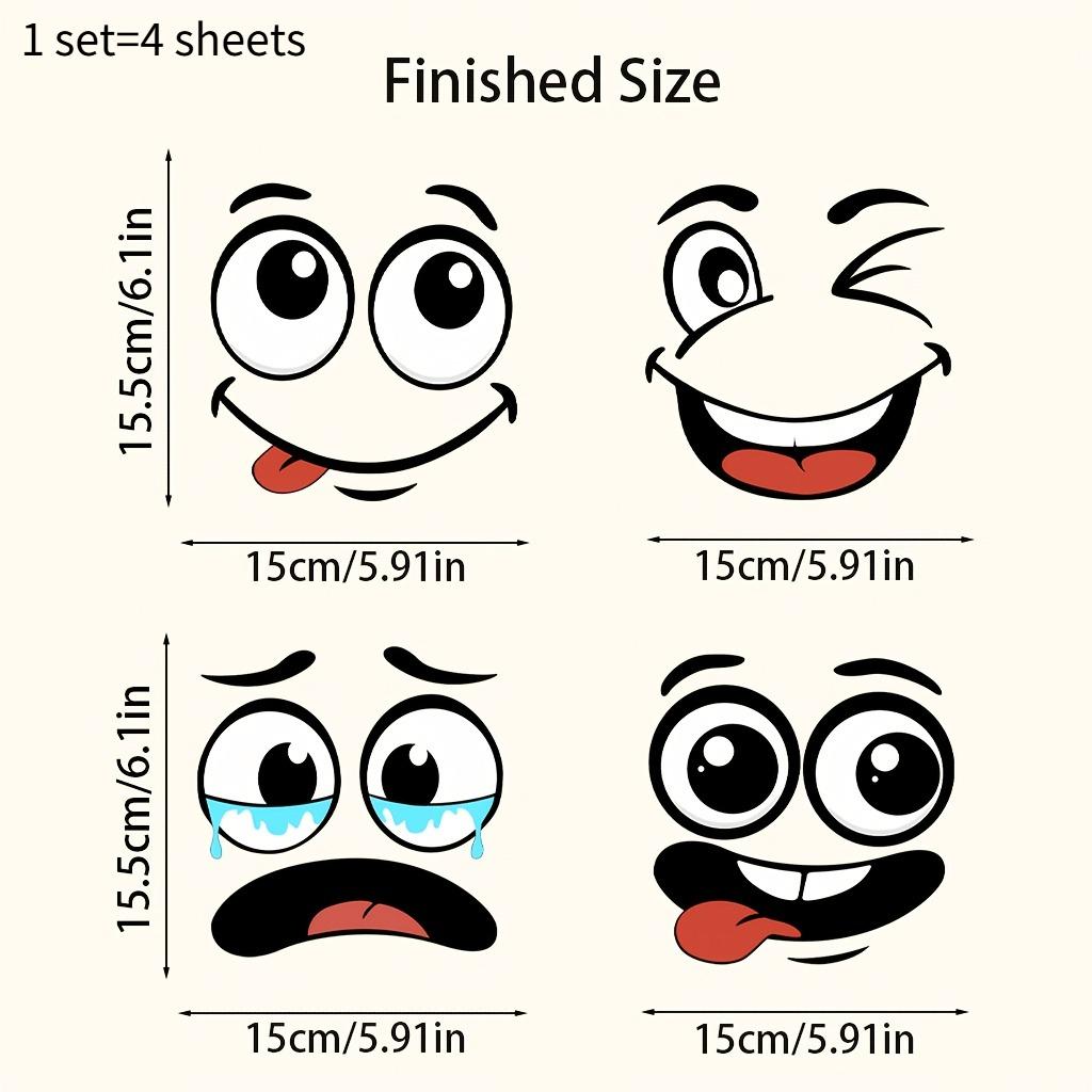 4pcs Cartoon Face PVC Self-Adhesive Stickers, Glossy & Removable, Multi-Scene Indoor/Outdoor Use for Trash Can, Fridge