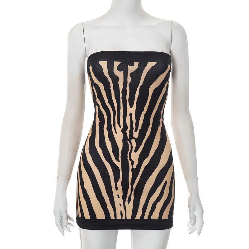 

C25Ds089 Cross-Border New Women s Clothing Sexy Zebra Print Strapless Backless Slim Fit A-Line Short Dress Black S