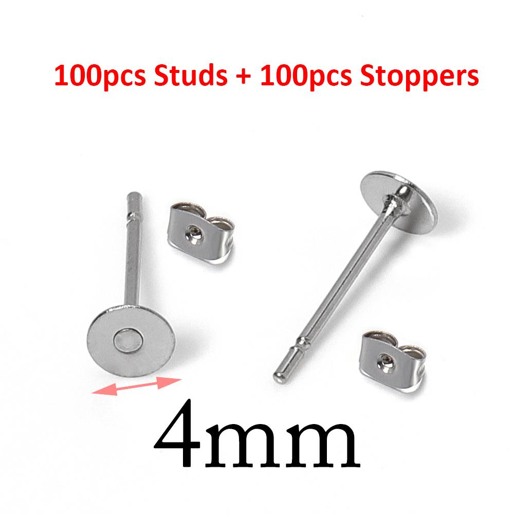 100pcs Gold Color 316L Stainless Steel Earring Studs DIY Ear Blank Post Pins 3-12mm Flat Round Tray Base Ear Jewelry Making DIY