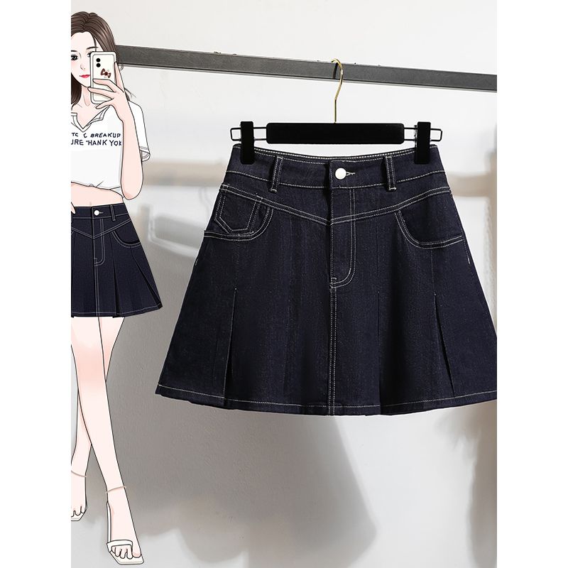 College Sweet Plus Size Denim Skirt A- Line High Waist Pleated Slim-Fit Cover Fashion Tape Lining Skirt M-4XL