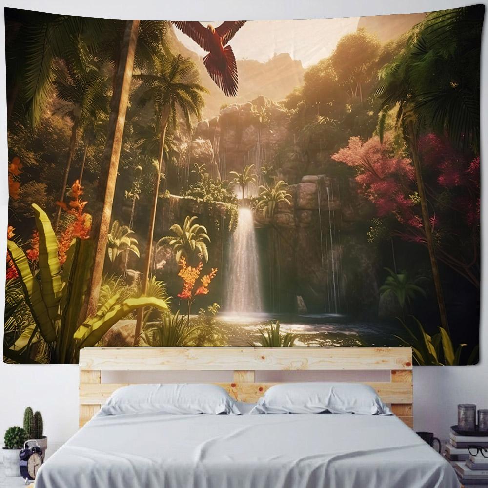 Tropical Rainforest Tapestry with Flowers & Birds Green Natural Landscape Wall Hanging Background Poster for Home Decoration