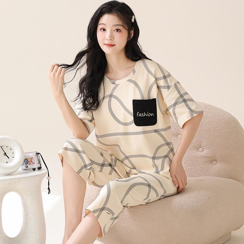 

Женский комплект капри большого размера в корейском стиле 2024 - Летняя хлопковая одежда для дома с коротким рукавом 3XL (160-180 jin)