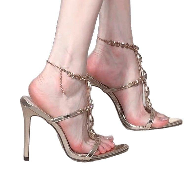 2025 new open-toed pointed gem rhinestone chain patent leather one-word strap sandals women's summer crystal stiletto high heels