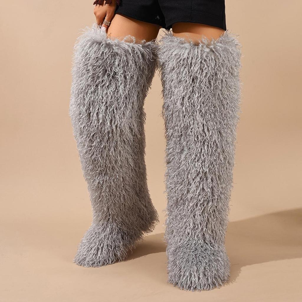 European-American 72cm Faux Tibetan Sheep Fur Thigh-High Snow Boots for Autumn & Winter