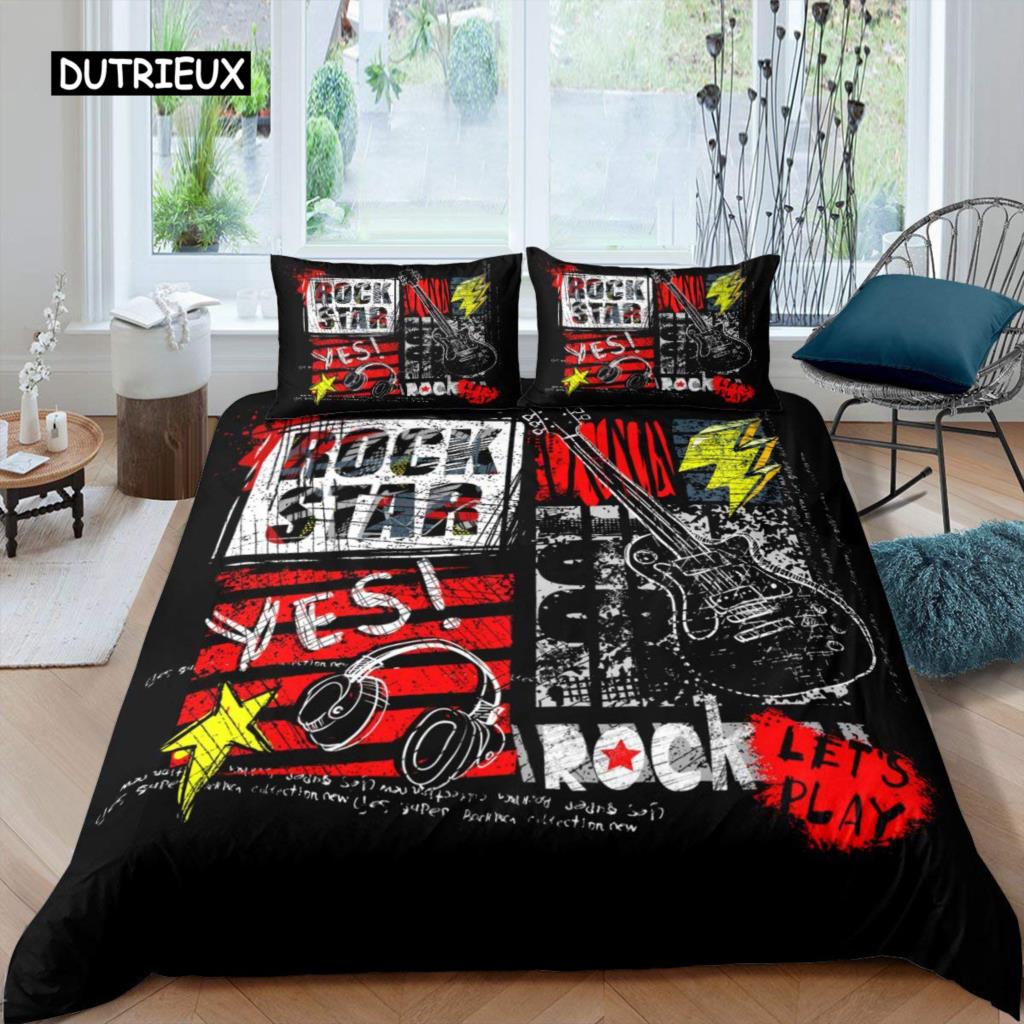 Rock Music Duvet Cover King Jazz Music Bedding Set for Teens Hip Hop Graffiti Comforter Cover Music Notes Polyester Quilt Cover