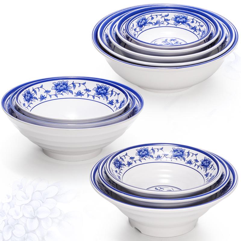 Blue & White Melamine Noodle Bowl: Imitation Porcelain Tableware for Ramen, Soup, Wonton, or Beef Noodles in Noodle Shops