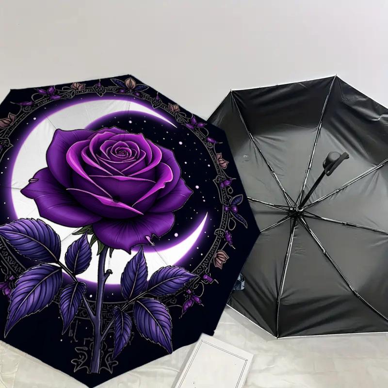 1PC Rose Moon Umbrella-8-Rib Reinforced, Automatic Open, Lightweight & Durable, Cute Fashion Accessory for Outdoor-W9242
