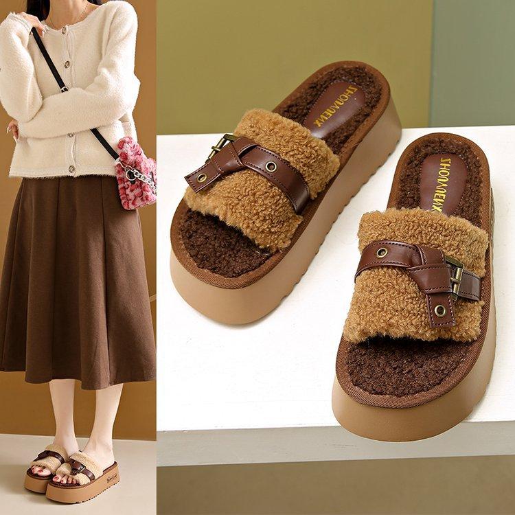 Mode Frühling Herbst Dicke Sohle Wollpantoffeln Damen Draußen Tragen Gepolstert Ein Wort Rutschfest Winter Baumwollpantoffeln Sub