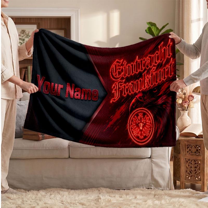 Eintracht Frankfurt Personalized Fleece Blanket With Football Logo, Custom Name Text Soft Warm Home Throw Blanket