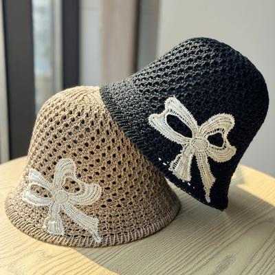 Sommer Bestickte Schleife Hohl Eimerhut Outdoor Strand Süß Sonnenschutz Sonnenschirm Faltbarer Strohhut