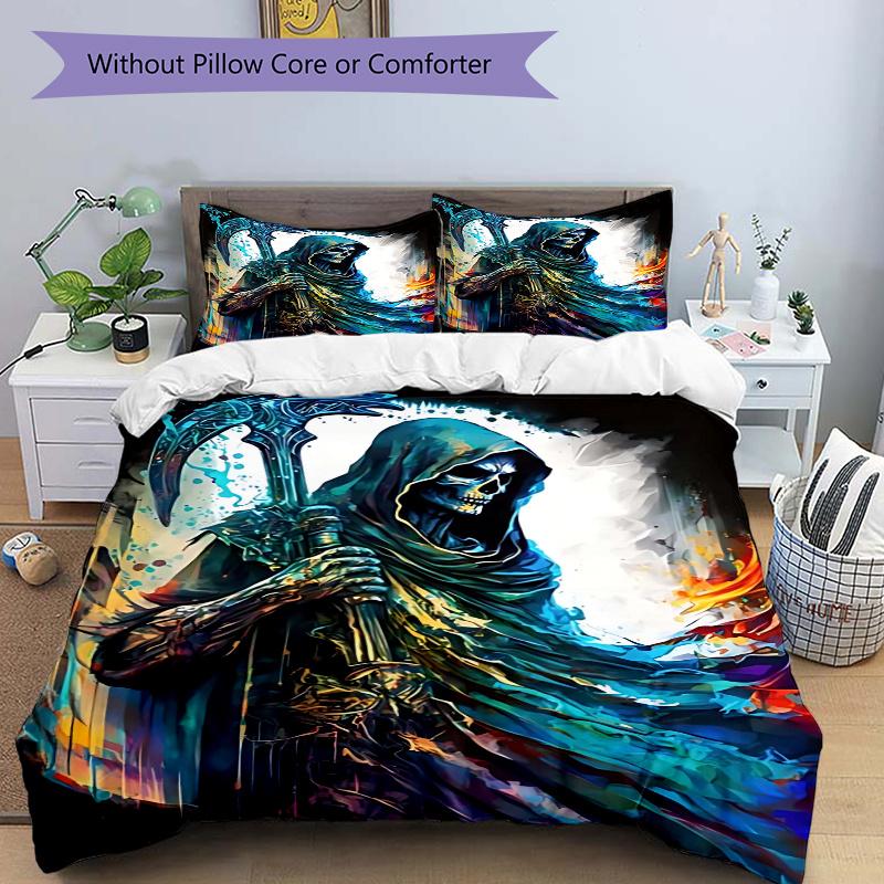 

3pcs Anime Grim Reaper Design Comforter Set with One Quilt Cover and Two Pillowcases (No Core) - Perfect for Bedroom and Guest Room Decoration, Festiv 135x200cm