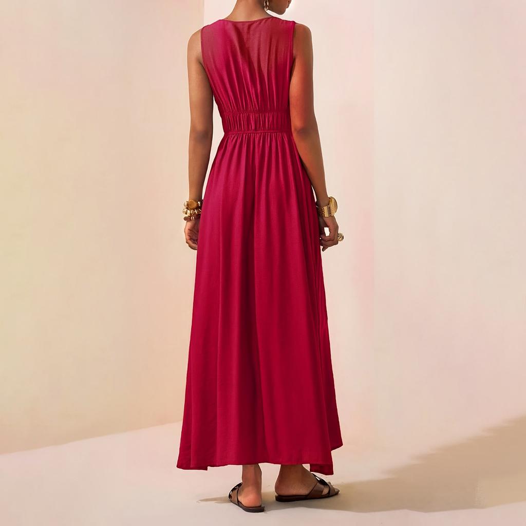 Women Summer Sleeveless V Neck Maxi Dress with High Waist and Flowy A Line Skirt for Beach Holiday Casual Wear