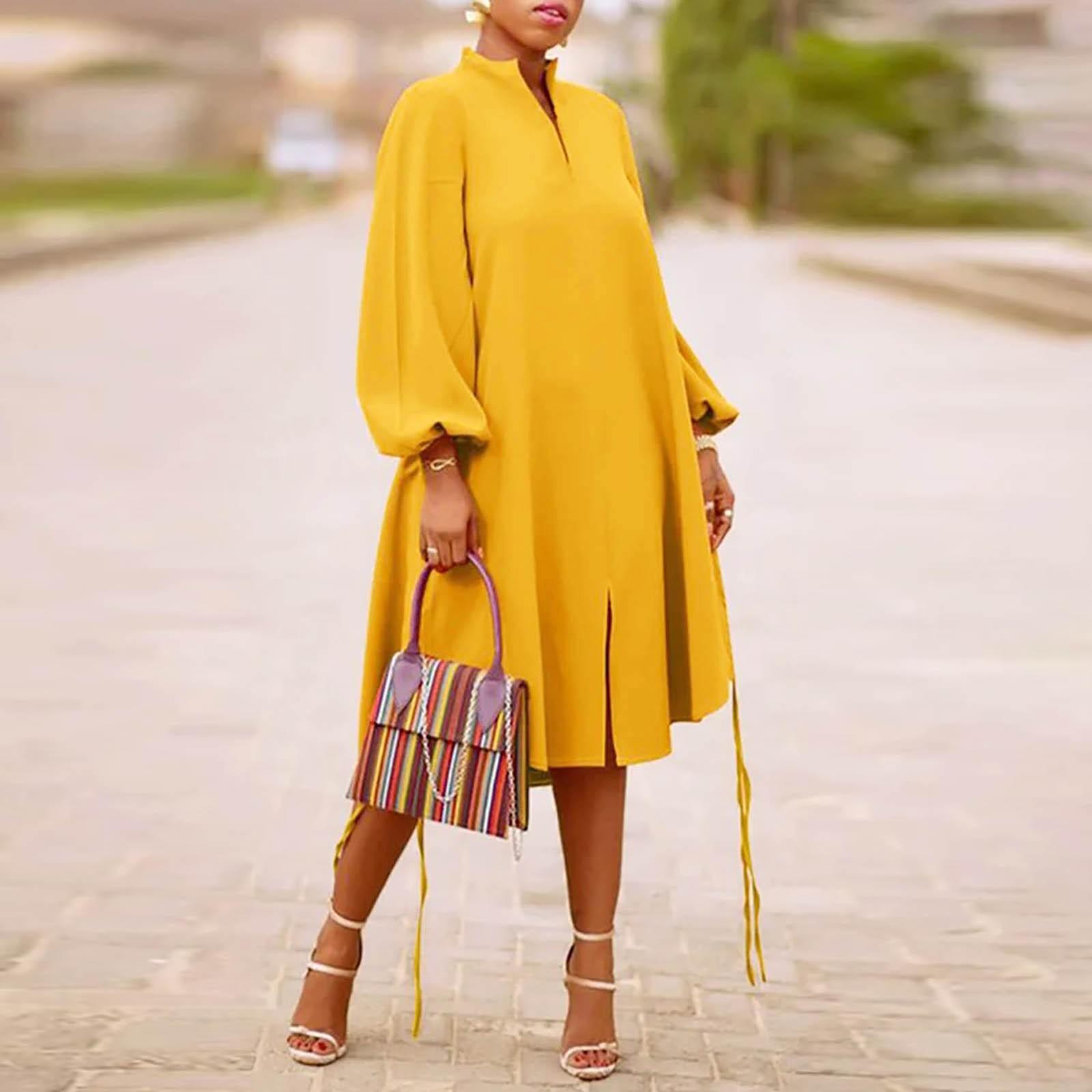 

Женское платье с длинным рукавом и V-образным вырезом с принтом, дышащее повседневное свободное платье XL жёлтый