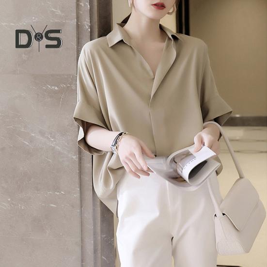 Dámská letní košile Klopa Krátký rukáv Jednobarevný svetr Topy Volný střih Tenká kancelářská dámská košile Pracovní oděvy