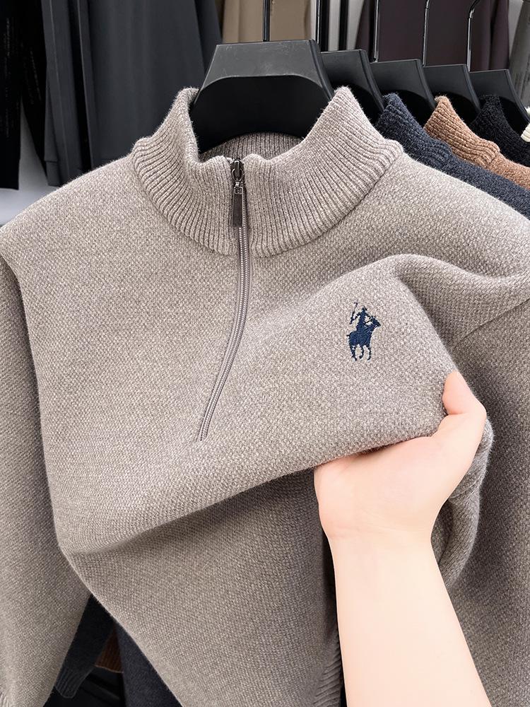 Men's Winter Embroidered Pony Logo Fleece Sweater - Semi-High Neck, Thick Knit