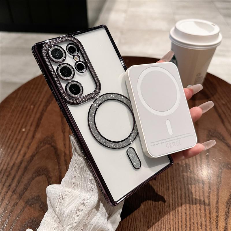 For Samsung Galaxy S25 Ultra Luxury Glitter Magsafe Magnetic Plating Diamond Frame Phone Case For Samsung S22 S23 S24 Plus Cover
