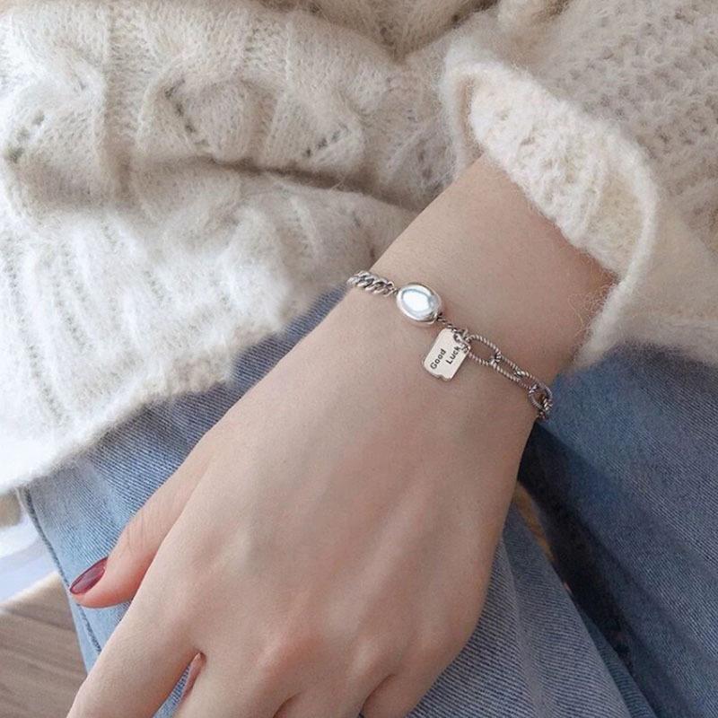 Vintage Square Brand Letter LUCK 925 SterlingThai Silver Fashion Lock Chian Bracelet For Women