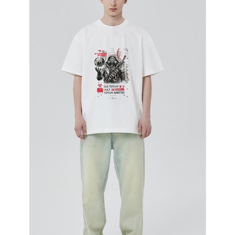 White T Shirt with Astronaut and Weapon Graphic Print and Latin Text for Casual Streetwear Style