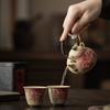 Kiln Blue White Flint Red Peony Loop Handle Teapot Set with Cups Ceramic Gongfu Tea Set Handmade Chinese Gift for Home Office