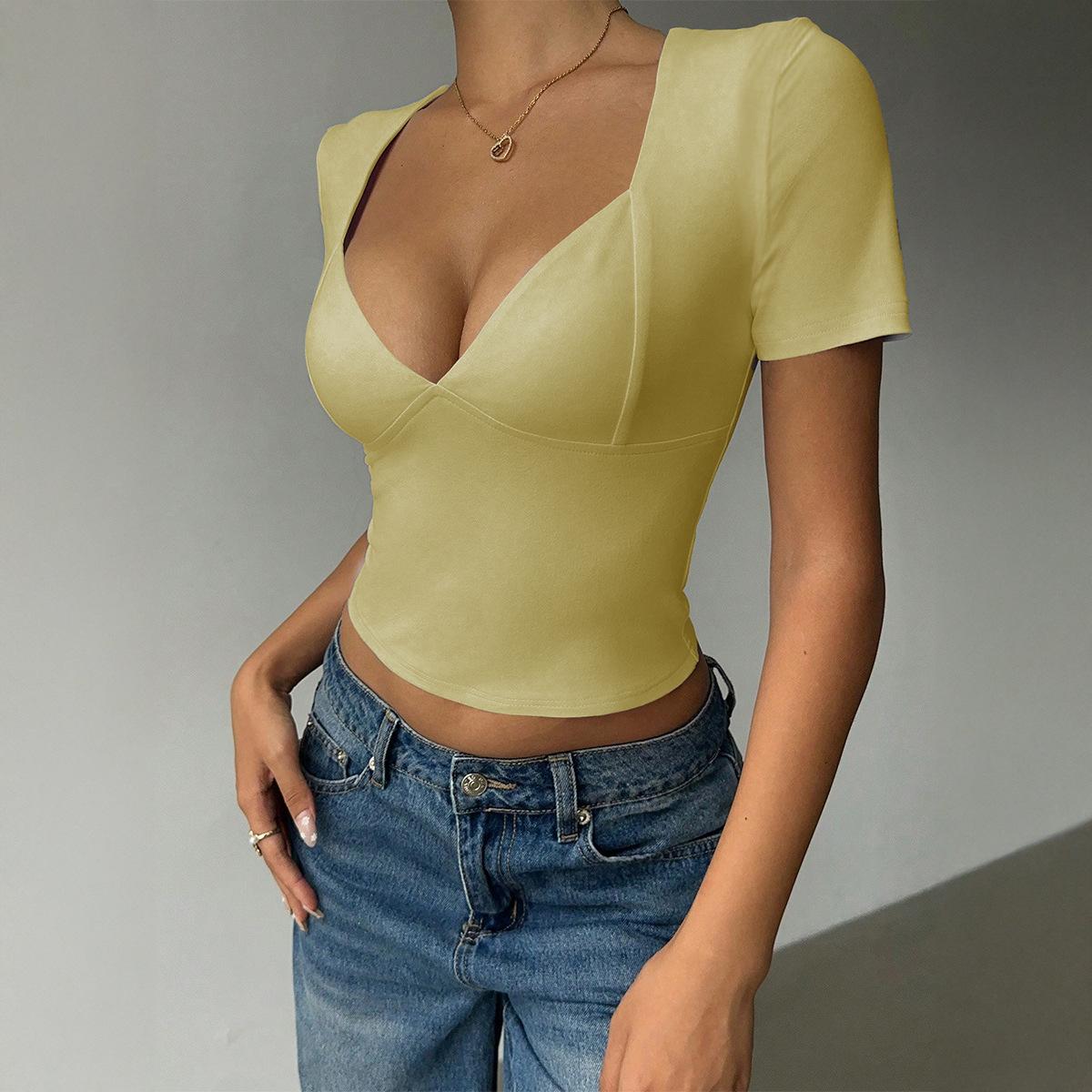 

Self-designed European and American summer fashion women s clothing YK sports versatile slim-fitting short-sleeved T-shirt top XL світло-жовтого кольору