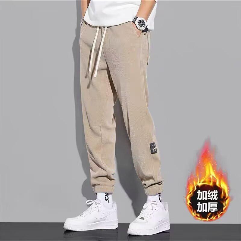 Fleece tied feet casual pants men's autumn and winter thickened men's casual sports pants Korean version loose nine-point pants