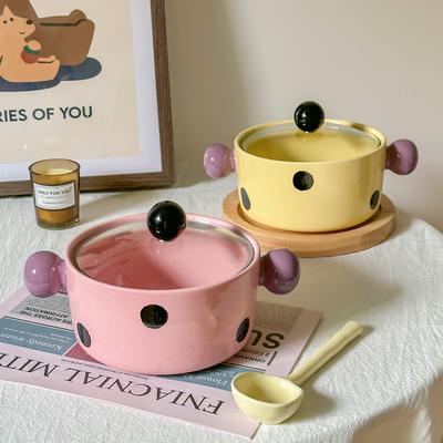 Cute Polka Dot Instant Noodle Bowl with Lid, Instant Noodle Bowl for Student Dormitory, Rice Bowl, Binaural Ceramic Soup Bowl, Snail Powder Bowl