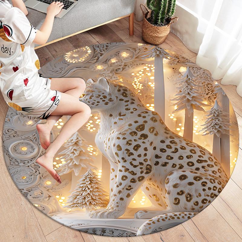Stone Carving Leopard and Dragon Round Area Rug,Carpet Rug for Living Room Bedroom Sofa Playroom Decor,Non-slip Floor Mat