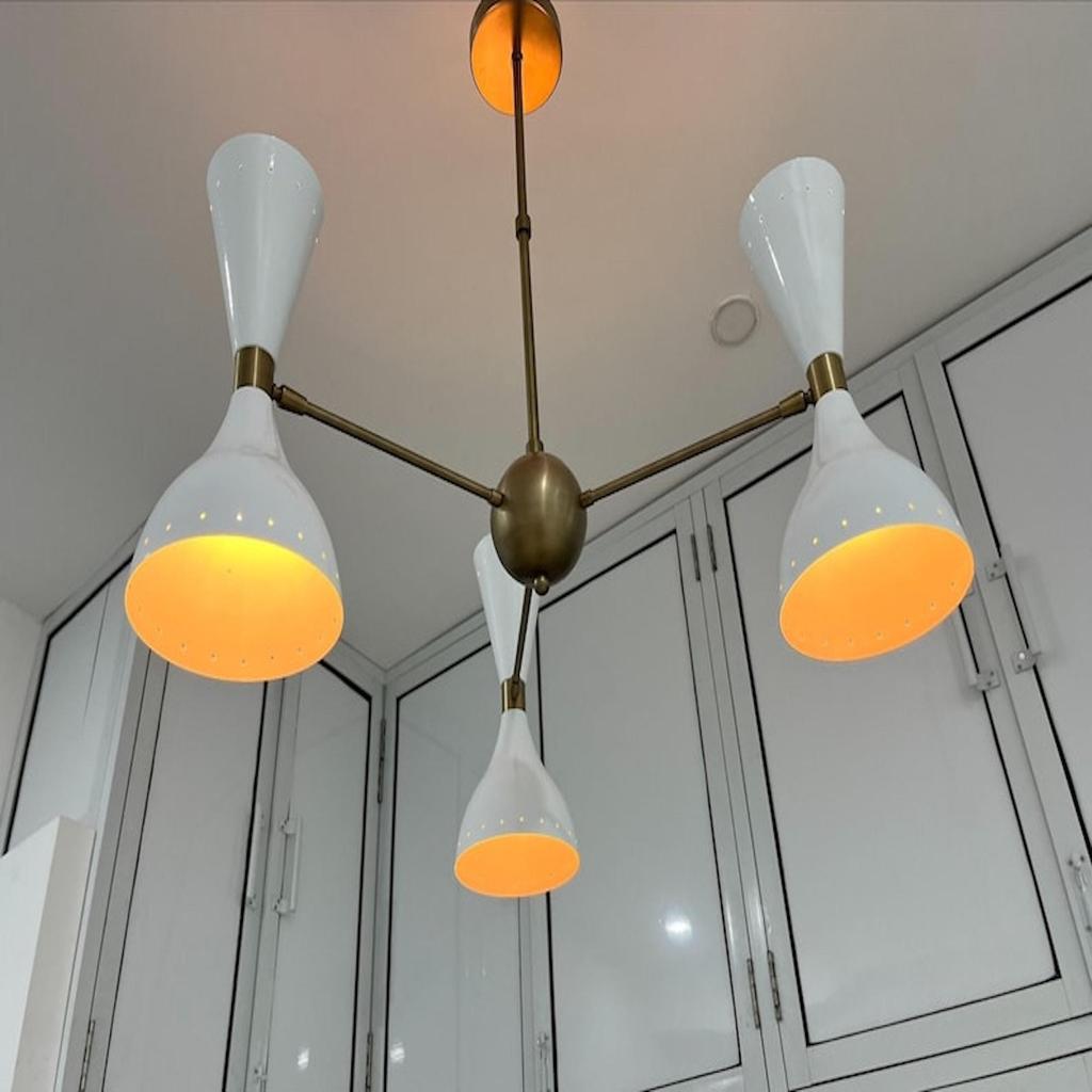 Modern Stilnovo 3 Arms Handmade Chandelier 6 Lights Mid Century Light Fixture Italian Design Chandeliers Raw Brass And White Decorative