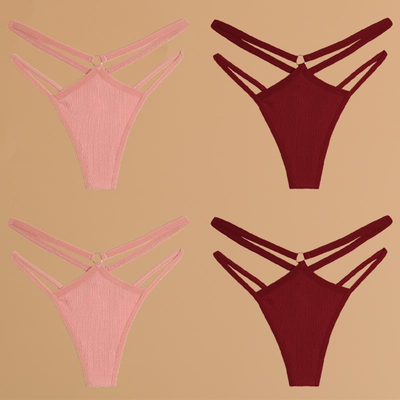 FINETOO 4-teilige Unterwäsche aus Baumwolle mit doppeltem, dünnem Gürtel für Frauen, sexy, niedrige Taille, gestreifte Tangas, einfarbige Damenhöschen, atmungsaktive Dessous