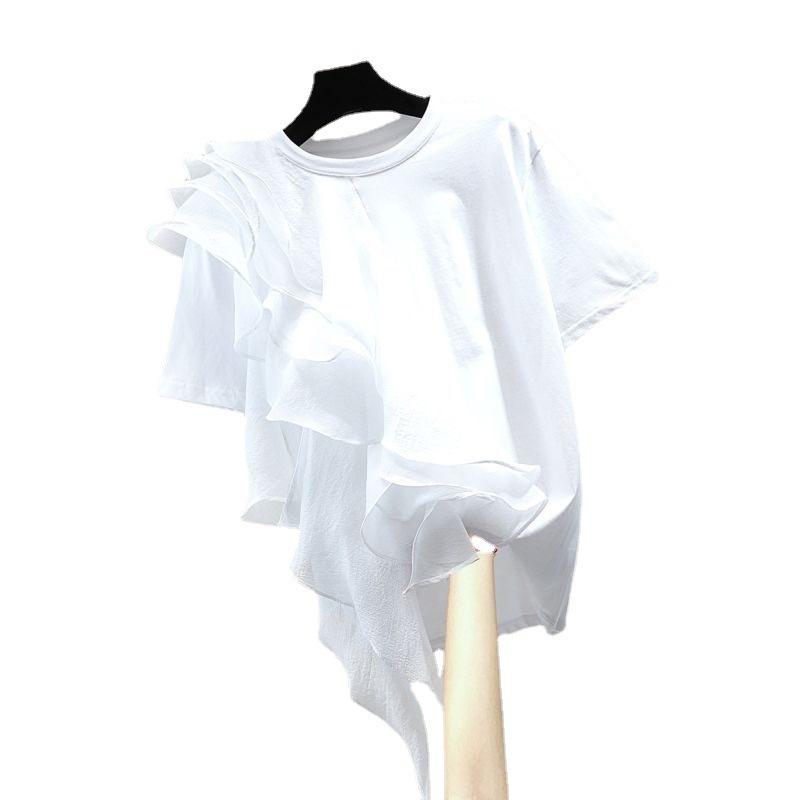 Damen Rüschennaht Bluse Mode Urlaub O-Ausschnitt Sommer Kurzarm Lässig Locker Blusa