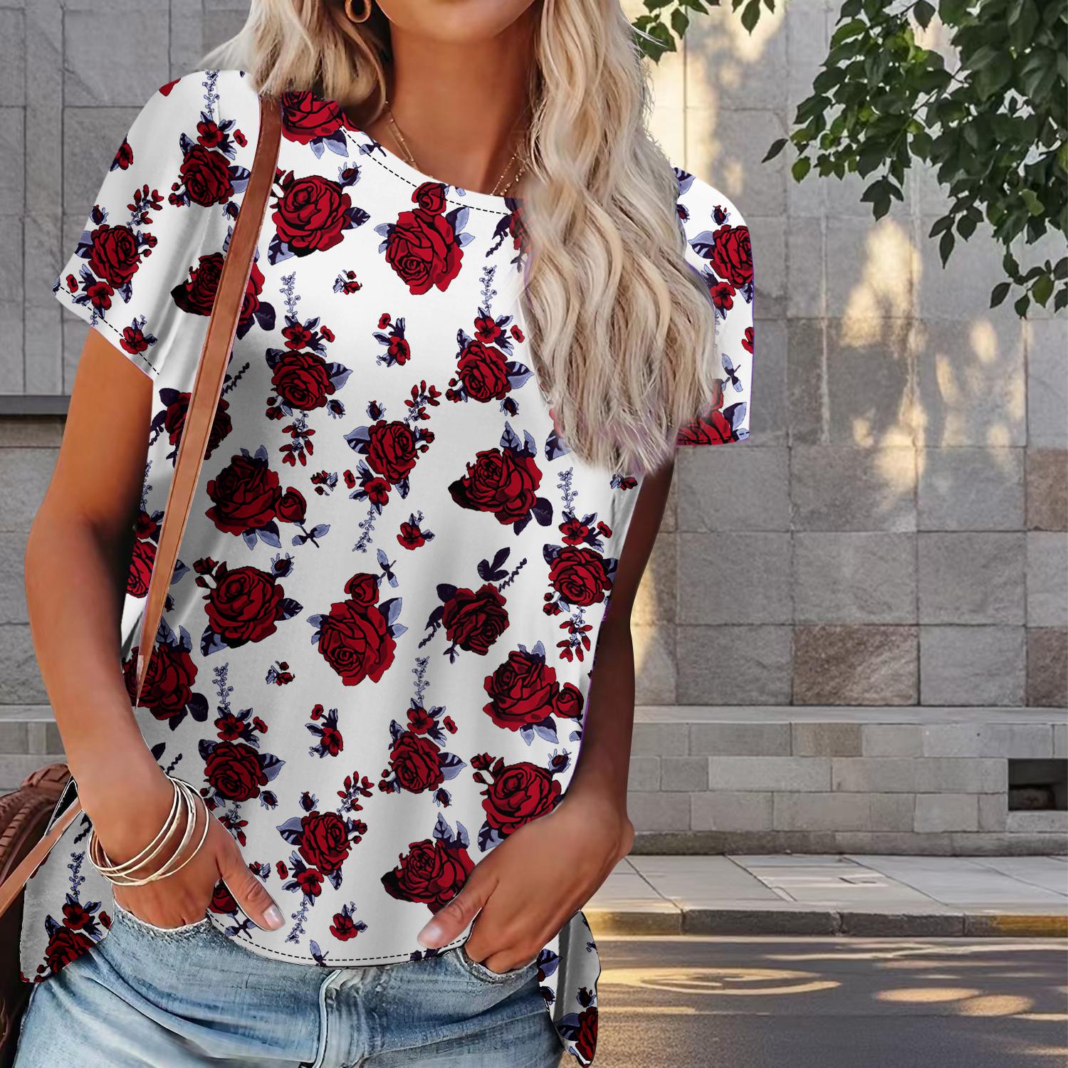 

Женская летняя футболка с цветочным принтом в стиле ретро, футболки с коротким рукавом, повседневные топы с принтом 8XL красный