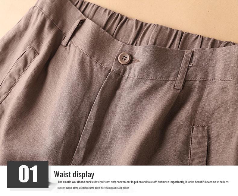 Women's Cotton Linen High Waist Wide-Leg Shorts - Summer Semi-Elastic Casual Five-Point Pants