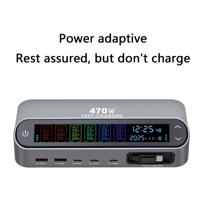 405W/470W Desktop Charging Dock With Full Color Digital Display And Retractable Type C Cable For Laptop Phone Tablets