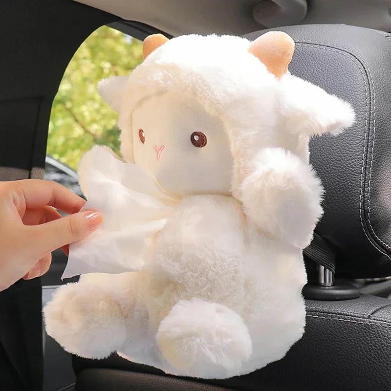 Car Mounted Fixed Tissue Box Cute Plush Doll Shape Lamb and Pig Shape Doll Hanging Decoration Tissue Holder Tissue Box Car Decor