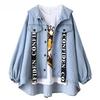 Dongerijakker Dametrykk Jeansjakke med hette Denim Løs Høst denimjeans Kåper Casacos Feminino