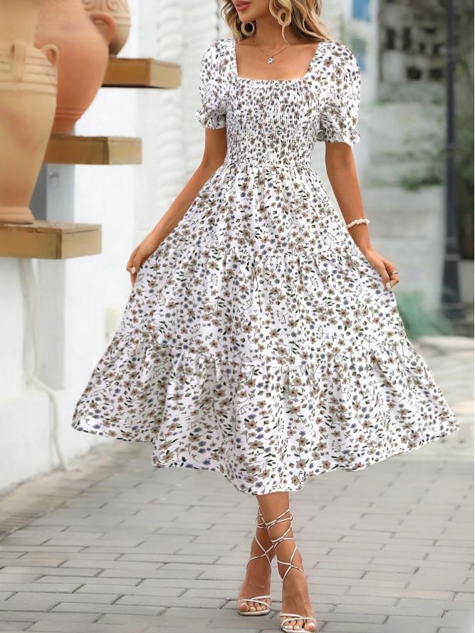 Puff Sleeve Layered Square Neck Waist-Cinched Dress - Sweet Style Women's Wear 2026