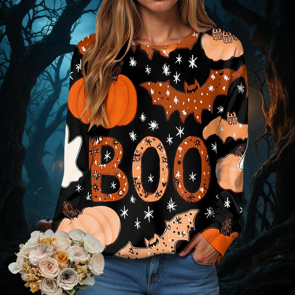 Halloween Women round-neck sweatshirt Hoodies Autumn Women Clothing Orange ghost pattern 3D printing Womens festival Sweaters