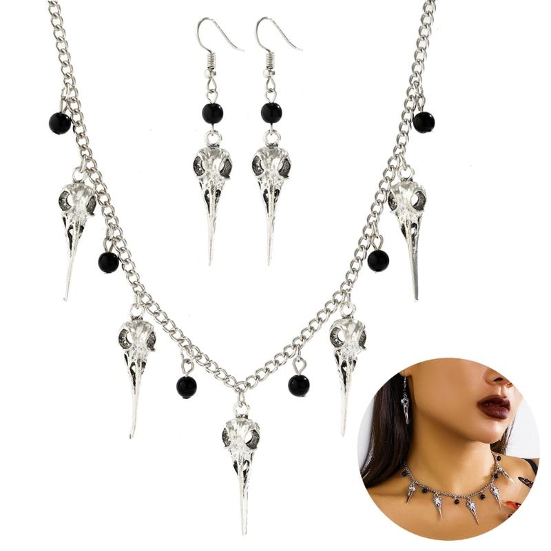 Gothic Choker Earrings Punk Skull Pendant Necklace and Earrings Set Jewelry