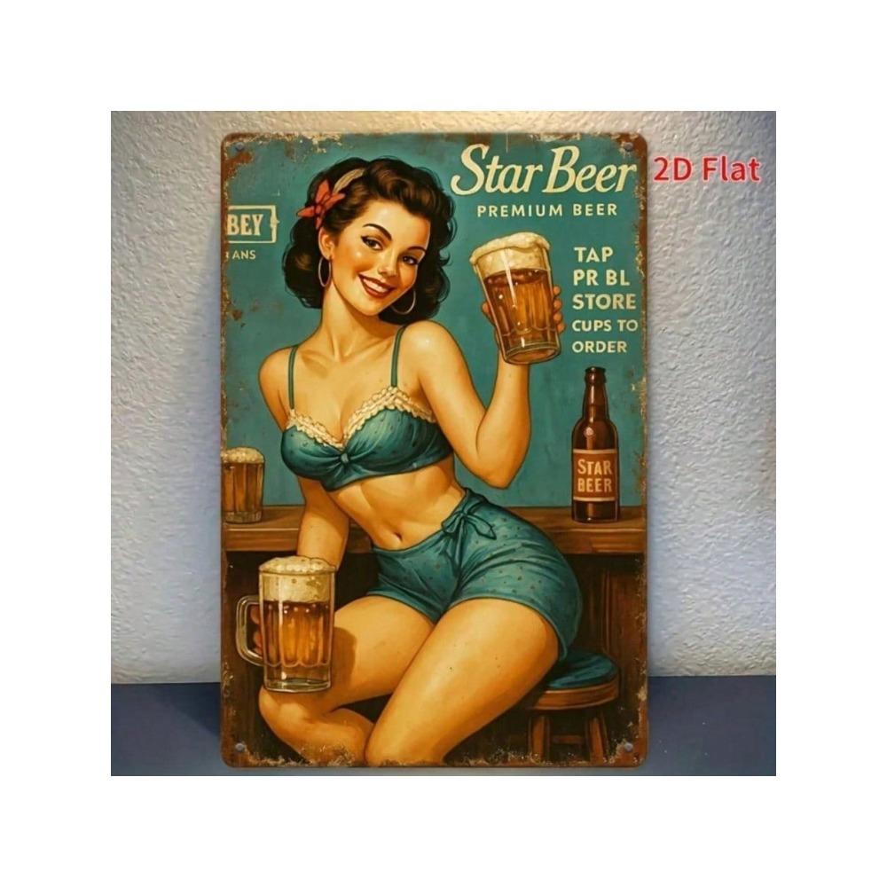 Vintage 1950s Cheerleader Retro Beer Tin Sign Metal Wall Art Bar Decor
