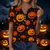 Camiseta casual de manga corta con cuello en V para mujer con botones decorativos Estampado de calabaza de Halloween Top para uso diario