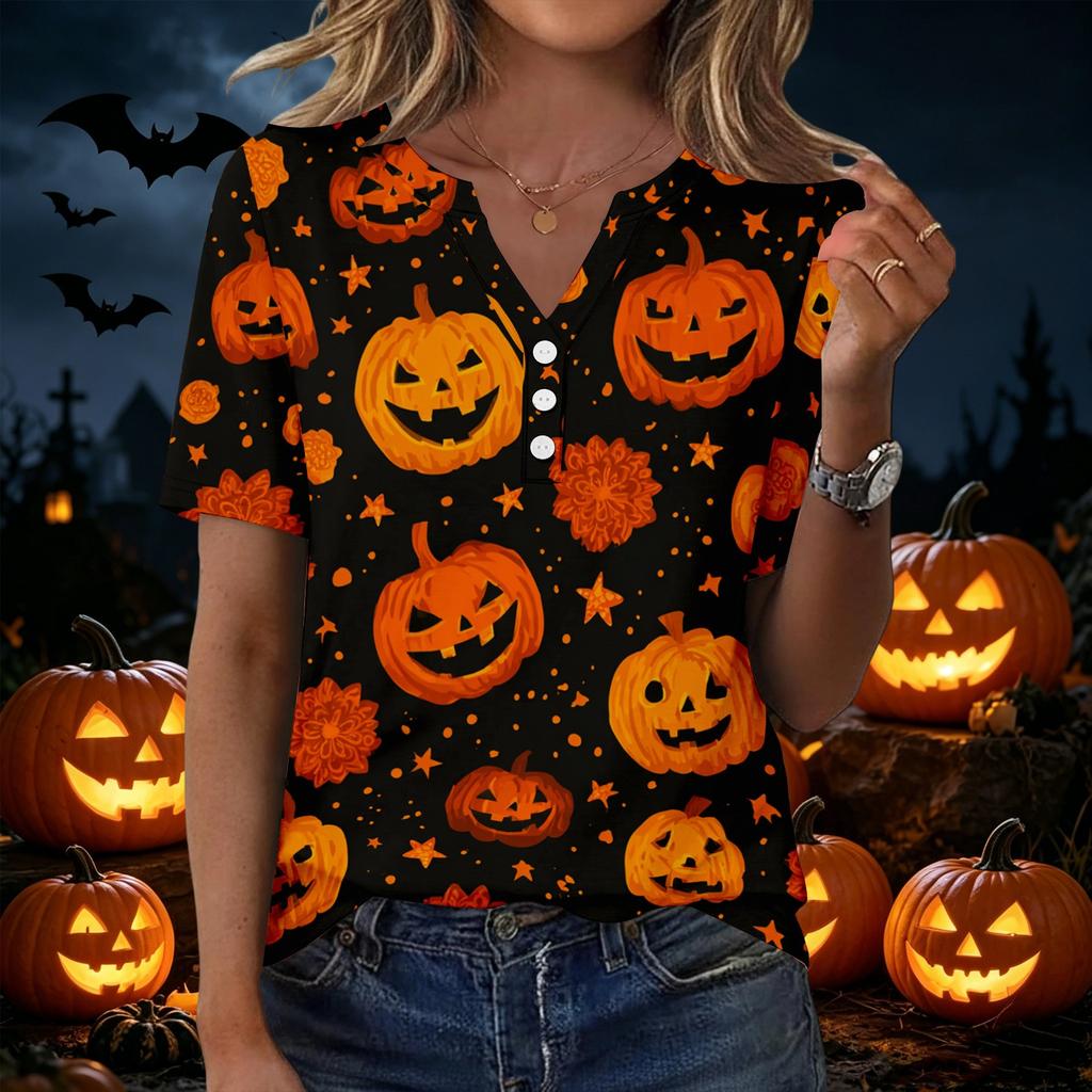 Camiseta casual de manga corta con cuello en V para mujer con botones decorativos Estampado de calabaza de Halloween Top para uso diario