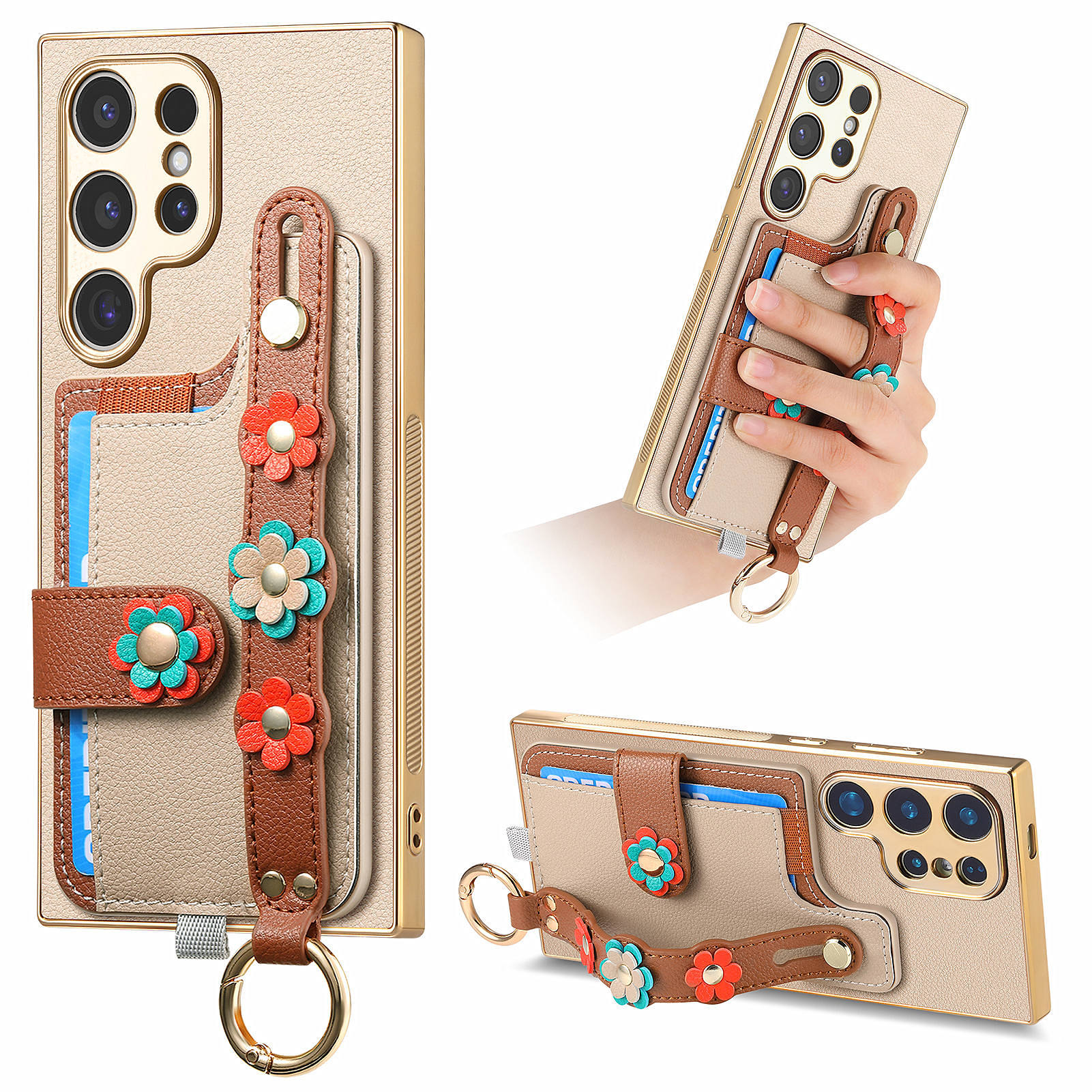

W2 Series For Samsung Galaxy S23 Ultra Case 3D Flower Leather Phone Back Cover Wristband Kickstand Khaki