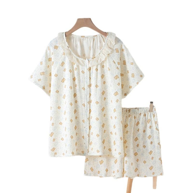 Women's pajamas summer new crepe double-layer cotton yarn lace collar short-sleeved shorts loungewear sweet and cute suit