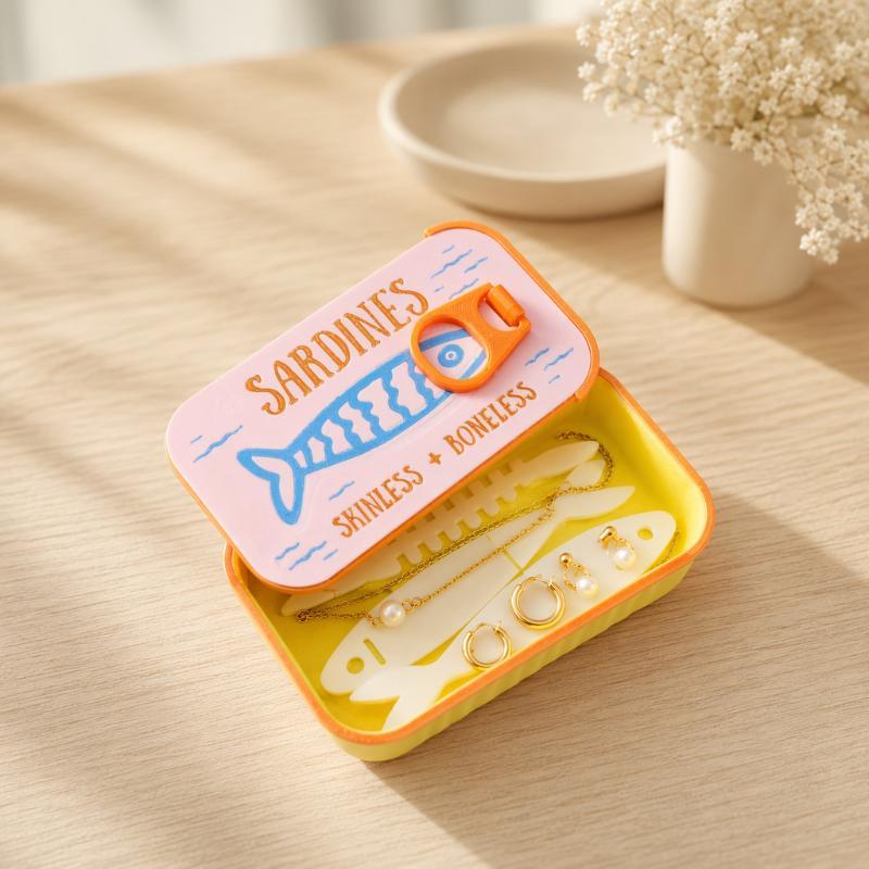 Sardine Tin Jewelry Box 3D Printed Easy Open Durable Small Jewelry Organizer for Rings Earrings Perfect for Dresser Decor