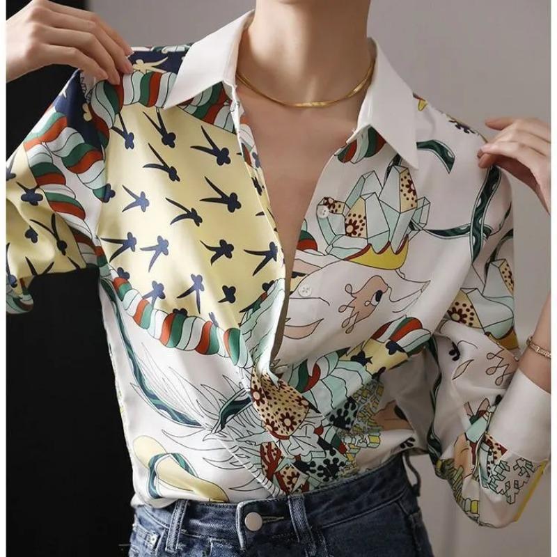 

Womens Vintage Abstract Print Long Sleeve Button Down Chiffon Shirt S бежевый