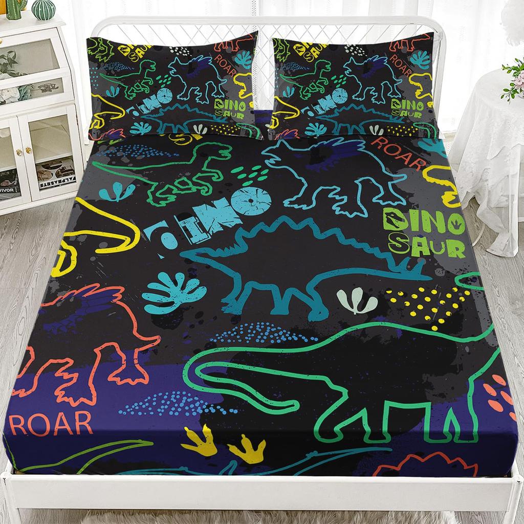 Mehrfarbiges Cartoon-Dinosaurier-Muster Bettmütze Dreiteiliges Digitaldruck Niedliches Muster Bettwäscheset