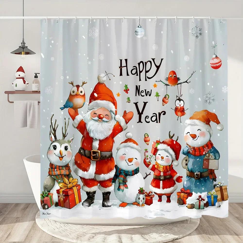 Snowman Christmas Shower Curtain Christmas Tree Gifts Red Bird Winter Snow Fabric Printed Bath Curtain Bathroom Decor With Hoo