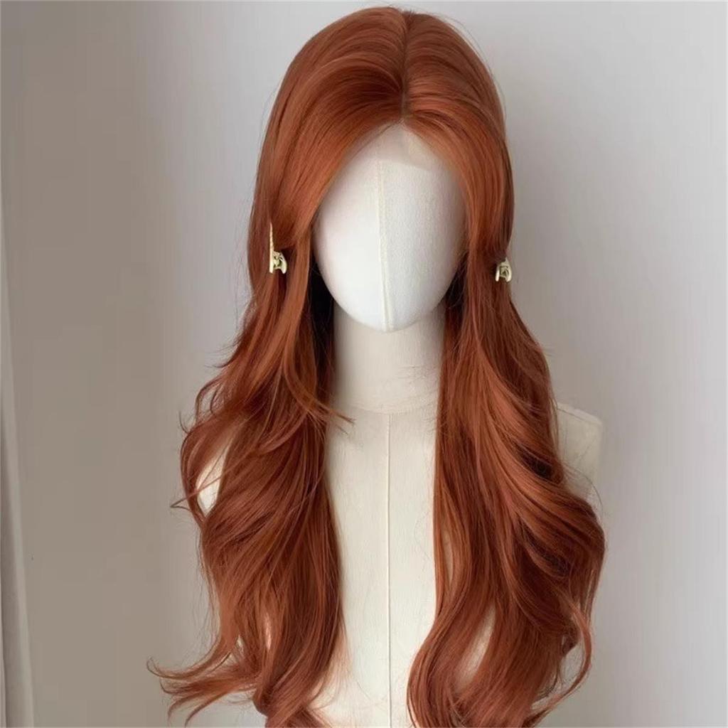 Orange Forehead Lace Long Wavy Synthetic Wig Lolita Long Straight Breathable Chemical Fiber Wig Women's Wig