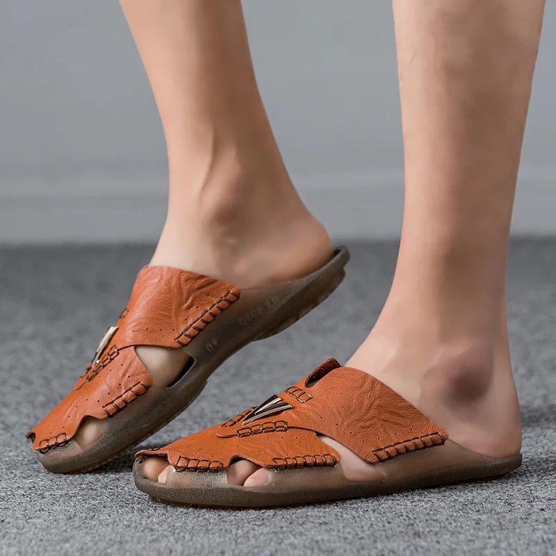 New Leather Slippers Men Home Furnishing Indoor Floor Classic Footwear Casual Slides Leather Sandalias Zapatos Hombre