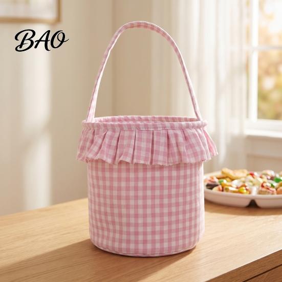 Versatile Household Storage Halloween Basket, Plaid Ruffle Trick or Treat Candy Bucket with Handle Home Organization Baskets for Kids, Reusable